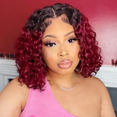 Imagem de Peruca de renda frontal Hihmarm Highlight 1B/99J, cabelo humano, ondulado profundo, 13x6, HD, para mulheres, cabelo humano, molhado e ondulado, cacheado profundo, 12 polegadas