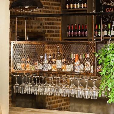 Imagem de Rack de copo de vinho de teto, rack de vinho suspenso com suporte de vidro e prateleira, barra de teto de metal ajustável de altura adequada para armazenamento de copos de vinho várias garrafas de