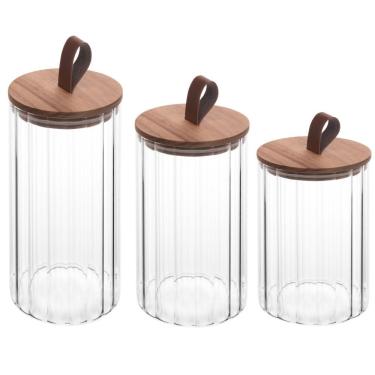 Imagem de Conjunto De 3 Potes De Vidro Canelado Com Tampa Hermética De Acácia Wolff
