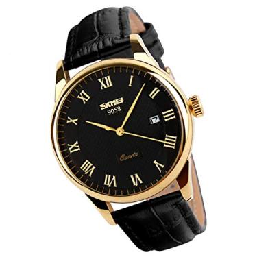 Imagem de Relógio masculino de negócios, clássico, moderno, casual, de couro, preto, quartzo, analógico, à prova d'água, calendário, luz de data, simples, presentes para pais e pais SKMEI, Pulseira