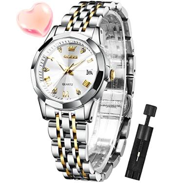Imagem de OLEVS Relógio de prata para mulheres analógico quartzo diamante relógio feminino aço inoxidável dois tons dia data pequeno relógios de pulso à prova d'água luminoso, Branco