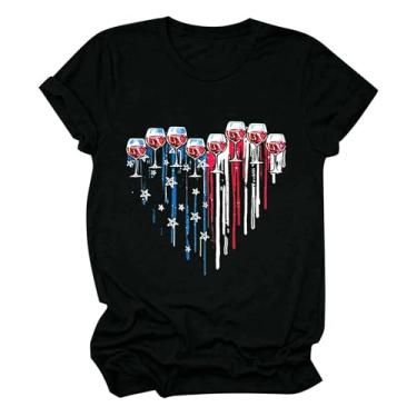 Imagem de Camiseta feminina de 4 de julho com estampa de taças de vinho, manga curta, verão, dia da independência, Preto, M