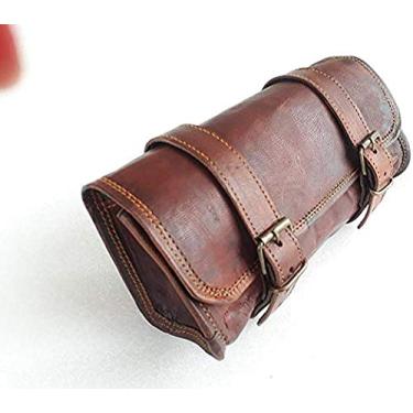 Imagem de Ferramenta de fecho de fivela de couro de cabra genuíno para motocicleta Harley Brown Bolsa de liberação rápida com fecho reforçado para guidões, garfos, Sissy Bar braço oscilante bolsa de rolo de ferramentas de motocicleta 10 polegadas