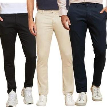 Imagem de Kit 3 Calças de Sarja Chino Com Bolso Traseiro Embutido Alfaiataria-Masculino