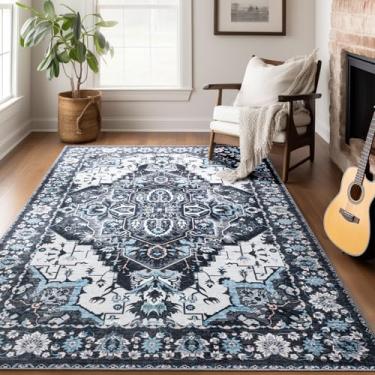 Imagem de CRYPTOLITE Tapete lavável 12 x 18 cm – Tapete boho antiderrapante para sala de estar, quarto, sala de jantar, entrada – preto e marfim com detalhes em azul gelo