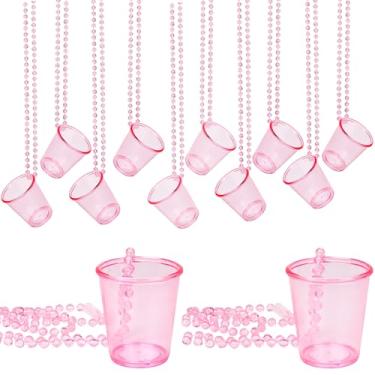 Imagem de Biiange 12 peças de copos de shot rosa com colares, mini copos de plástico para festa de despedida de solteira, para aniversário, casamento, festival, desfile, festa, lembrancinha de noivo (rosa)