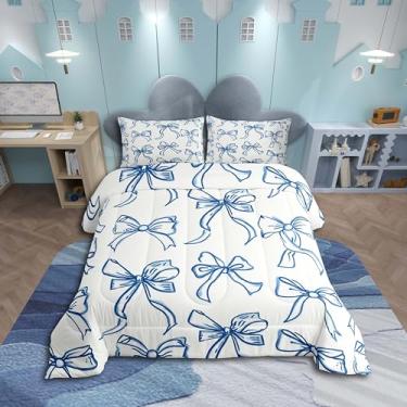Imagem de Feelyou Conjunto de cama com laço azul, para crianças, meninos, meninas, adolescentes, decoração de quarto de princesa, tamanho Queen, 3 peças