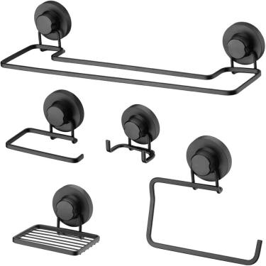 Imagem de Kit de 5 Acessórios Preto para Banheiro Suportes com Ventosa Papeleira Toalheiro Saboneteira Gancho