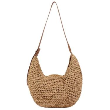 Imagem de Bolsa tiracolo de palha crescente para mulheres 2025 verão praia bolsa de ombro despojada boho sacola grande capacidade, Marrom, Medium