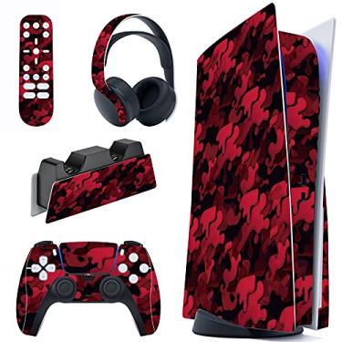 Imagem de PlayVital Conjunto completo de decalque camuflado preto vermelho para console PS5 edição de disco, adesivo de vinil para controle PS5, estação de carregamento, fone de ouvido e controle remoto de