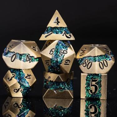 Imagem de Dungeons and Dragons DND Dice Set D&D D20 Single Fringe Metal Dice Set with Box, Polyhedral Role Playing Dice D12 D10 D% D8 D6 D4 for MTG RPG Board Games (Antique Turquoise)