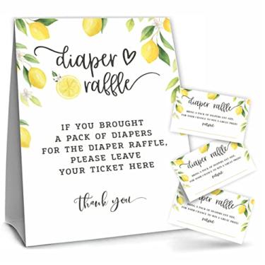Imagem de Festa de chá de bebê com tema limão aquarela, kit de jogo de sorteio de fraldas, 1 sorteio de fraldas em pé e 50 ingressos, Sweet Little One Is On The Way Decorações de chá de bebê, lembrancinha de
