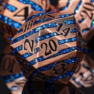 Imagem de Metallic Glitter Stripes D&D Dice Set,7 PCS Polyhedral Dice Set with Gift Metal Box for Dungeons and Dragons,DND Metal Dice for Tabletop Game (Antique Copper Blue)