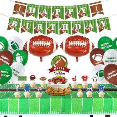 Imagem de Artigos de festa temáticos de futebol – incluindo banner de aniversário feliz, balões de alumínio, topo de bolo, toalha de mesa, balões para dia de jogo e decorações de festa de aniversário de futebol