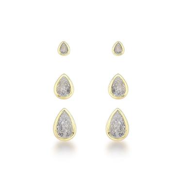 Imagem de Trio De Brincos Gota De Zircônia Ouro 18k - Brilho Sofisticado
