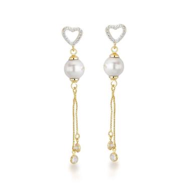 Imagem de Brinco Coração Com Pérola E Franja Banhado A Ouro 18k
