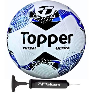 Imagem de Bola de Futsal Topper Ultra Salão Colagem Dupla + Bomba, Preto, Azul