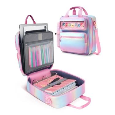Imagem de Fichário de zíper com 3 anéis com janela ITA, fichário de 7 cm com zíper para laptop de 35,5 cm, ombro 3 em 1, mochila/alça para 600 folhas com capacidade para escola e escritório – rosa azul