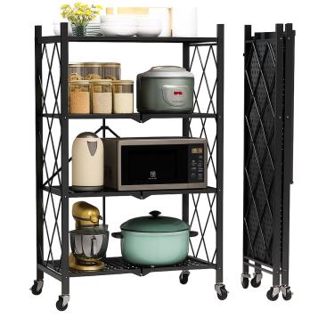 Imagem de Estante Dobrável com Rodinhas 4 Prateleiras de Metal Preta – Organizador Multiuso Cozinha Sala Banheiro