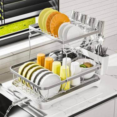 Imagem de arshray Escorredor de pratos de cozinha 2 camadas 304 de aço inoxidável para bancada de cozinha, coador com bandeja de drenagem ajustável, escorredor com gancho de copo de água e suporte de talheres