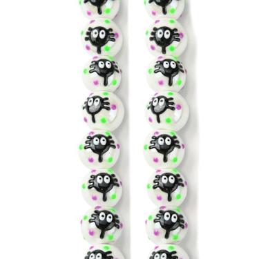 Imagem de Stiesy 30 peças/fio de contas de porcelana de aranha desenhadas à mão com esmalte branco redondo 14 mm espaçador contas de cerâmica soltas para joias góticas artesanato de Halloween