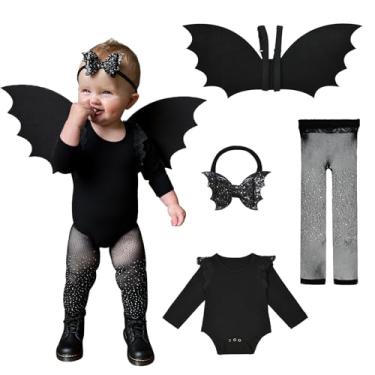 Imagem de Halloween Toddler Bat Costume for Baby Girl Boy with Black Bat Wing Ruffle Long Sleeve Romper Bodysuit Goth Bow Headband
