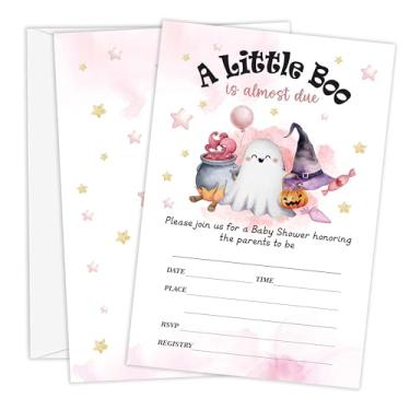 Imagem de Beshoul Convites de chá de bebê de Halloween para meninas, convites de chá de bebê fantasma assustador de 10 cm x 15 cm com envelopes, suprimentos de decoração de festa revelando gênero Little Boo
