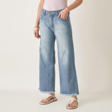 Imagem de Calça Jeans Wide Cropped com Barra Desfeita - Bloom, Jeans delavê, 44