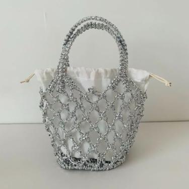 Imagem de Bolsa de mão de tecido portátil com cordão de grande capacidade prata