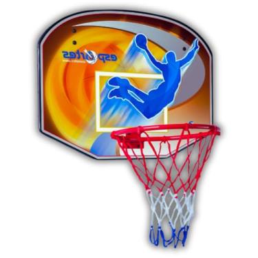 Imagem de Tabela de Basquete Infantil com Aro Metálico, Rede em Nylon, Vermelho e Azul, 60x55cm, Montagem em Parede, para Crianças a partir de 6 Anos, Design Compacto