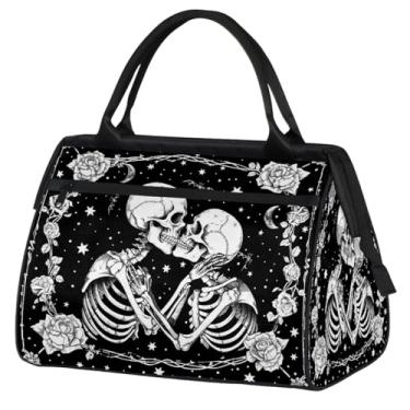 Imagem de Bolsa pequena de fim de semana para mulheres, bolsa de ginástica Foldie de lona, compacta, bolsa de transporte, esportiva, viagem, noite do pijama, hospital para viagem, bagagem, Esqueleto de crânio