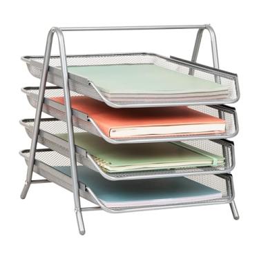 Imagem de Mind Reader Bandeja de papel de 4 camadas, organizador de mesa, armazenamento de arquivos, espaço de trabalho, escritório, malha de metal, 29 cm C x 35 cm L x 30 cm A, prata