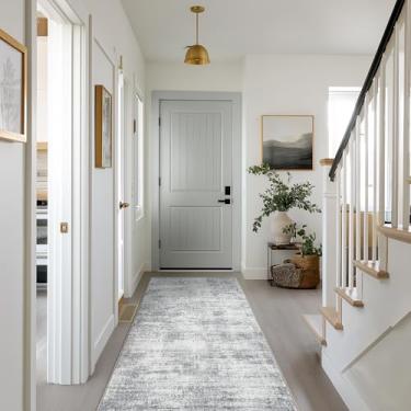 Imagem de BILEEHOME Tapete moderno abstrato neutro 7,5 x 20,3 cm para corredor tapetes antiderrapantes laváveis para cobertura de piso cinza para cozinha, lavanderia e lavanderia