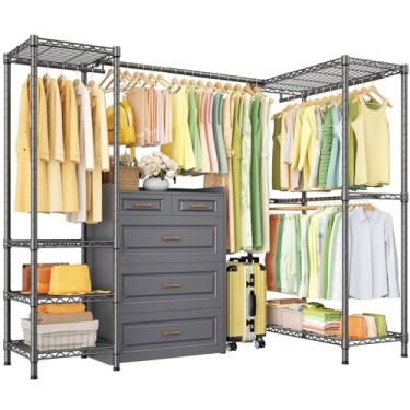 Imagem de ULIFHOME Suporte de roupas E10L em forma de L para canto (com haste expansível) Suporte de roupas independentes para pendurar roupas, suporte portátil para roupas 147-203 cm L x 76 cm P x 182 cm A