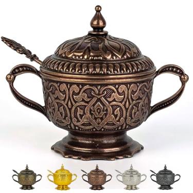 Imagem de Açucareiro de metal em relevo de 170 g com tampa e colher – Recipiente decorativo de açúcar com tampa, tigela de cereais, recipiente de especiarias e recipiente de açúcar com colher para barra de café