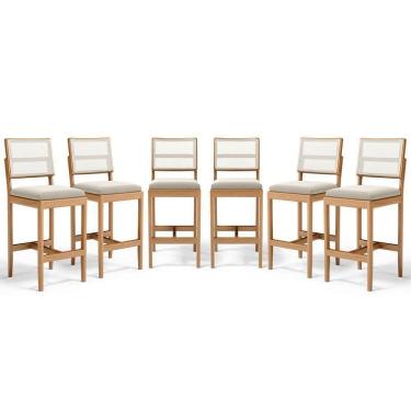 Imagem de Kit Com 6 Banquetas Milena Madeira Maciça Assento Estofado Encosto De Tela Sintética Veludo Bege 102