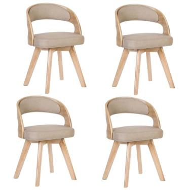 Imagem de Cadeiras de jantar de madeira, cadeira estofada giratória com almofada de linho de algodão e encosto oco arco pernas de madeira para quarto cozinha B 4 peças