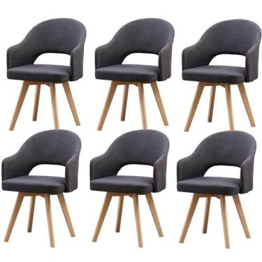 Imagem de Cadeiras de jantar giratórias modernas, cadeiras de jantar de meados do século com apoio de braço e pernas de madeira maciça preta para cozinha de escritório em casa H 6 peças