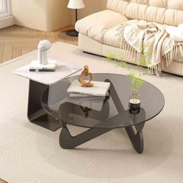 Imagem de Yadlan Conjunto de mesas de centro redondas modernas, mesas de café, mesa de centro de vidro, conjunto de 2 mesas laterais com suporte triangular, mesas de canto para sala de estar, quarto, varanda