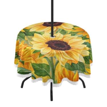 Imagem de Qilmy Toalha de mesa redonda impermeável com girassóis e borboletas de 152 cm com orifício para guarda-chuva e zíper – uso externo / interno resistente para pátio, churrascos, piqueniques, festas