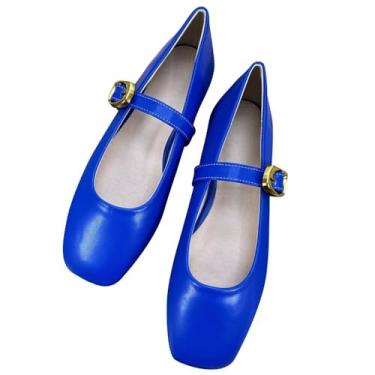 Imagem de Dear Time Sapatilhas femininas rasteiras Mary Jane com tira no tornozelo, bico redondo, estilo chinês, sapatilhas, sapatos de caminhada casuais, 335-blue-pu, 36