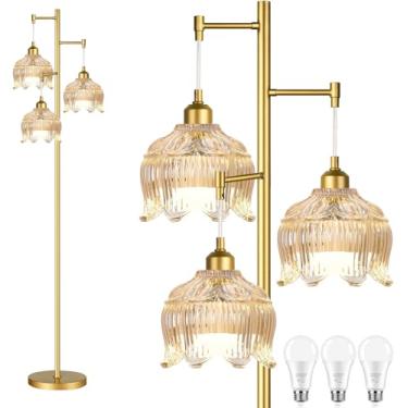 Imagem de WLQCWL Candeeiros de chão vintage para sala de estar quarto - 3 lâmpadas de chão douradas claras com formato de lâmpada de vidro, lâmpada alta de flor de vidro de meados do século, luminária de chão