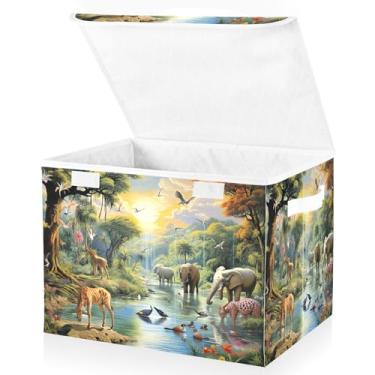Imagem de Blueangle Cestos de armazenamento Animal World com tampas, 42 x 32 x 30 cm, grande cesta organizadora dobrável para decoração de casa e escritório (229)