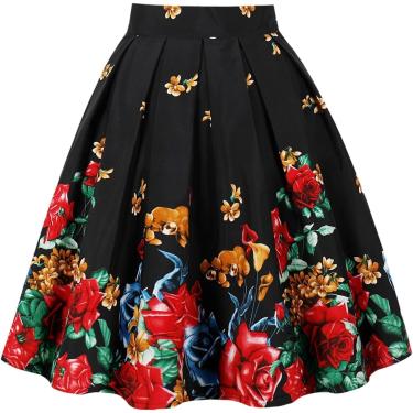 Imagem de Saias Midi Para Mulheres Saia Floral Do Reino Unido A Line Saias Vintage Saias Swing Dos Anos 1950 Saias De Verão Para Senhoras Saias De Cintura Alta Saias Plissadas Saias Largas, 04#pink, M