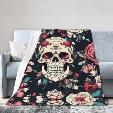 Imagem de Cobertor grande ultra macio com estampa ornamental de caveira de flores, perfeito para cama, sofá e viagens, manta de flanela aconchegante e quente