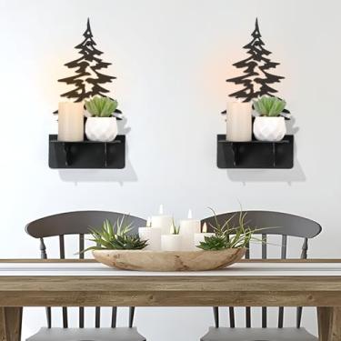 Imagem de Suporte de vela de metal preto de pinheiro, suporte de vela de metal, castiçal, suporte de vela, castiçal preto, decoração de parede de árvore para sala de estar (preto 2, 15,7 x 32 cm, 2 peças)