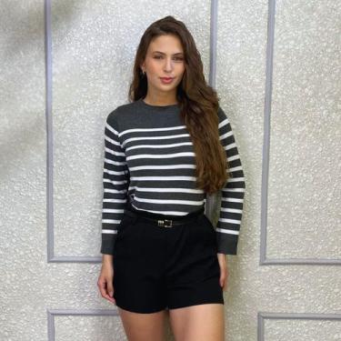 Imagem de Blusa Tricô Modal Feminina Listrado Elegante Tendência Frio - Exposiçã