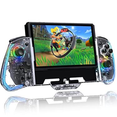 Imagem de Gamepad para Switch, controlador sem fio transparente com luzes LED deslumbrantes, substituição do Switch Joycon, turbo ajustável, movimento vibratório, giroscópio de 6 eixos, transparente