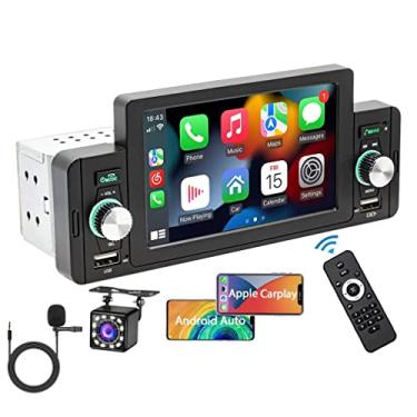 Imagem de XRC TECH Tela de toque de 5 polegadas Single Din Car Stereo com CarPlay Android Auto Mirror-Link, receptor de rádio com Bluetooth 5.1, mãos livres e 12 LED Retrovisor Camera, FM USB Audio Video Player