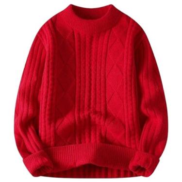 Imagem de Aoleaky Pulôver de malha masculino outono inverno gola redonda suéter de malha solto masculino manga longa cor sólida suéter casual, Vermelho, X-Small
